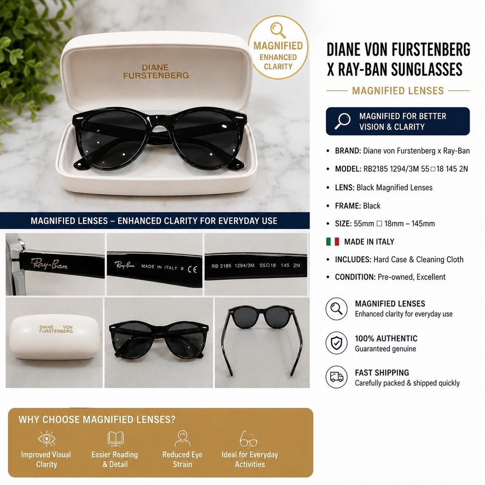 Diane von Furstenberg x Ray-Ban RB2185 Black Wayfarer II Magnified Sunglasses
